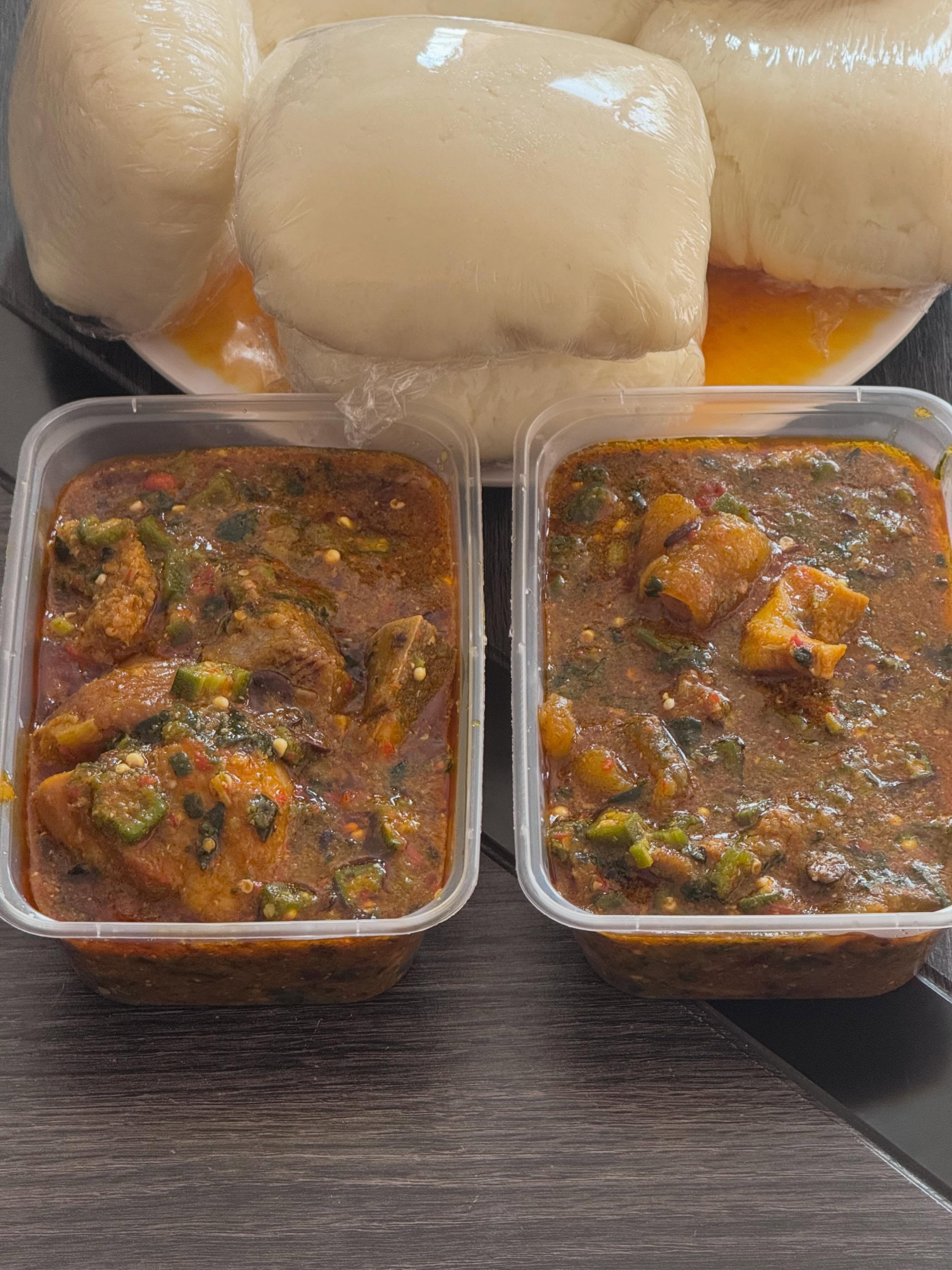 Okro soup bowl with goat meat and assorted meats