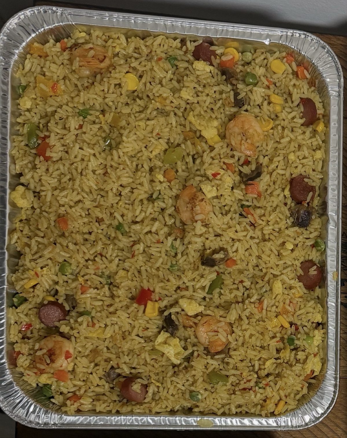 Special Fried Rice with gizzard, liver, shrimp, egg, bell peppers, and 10 pcs of Grilled Chicken or Turkey, Medium Tray