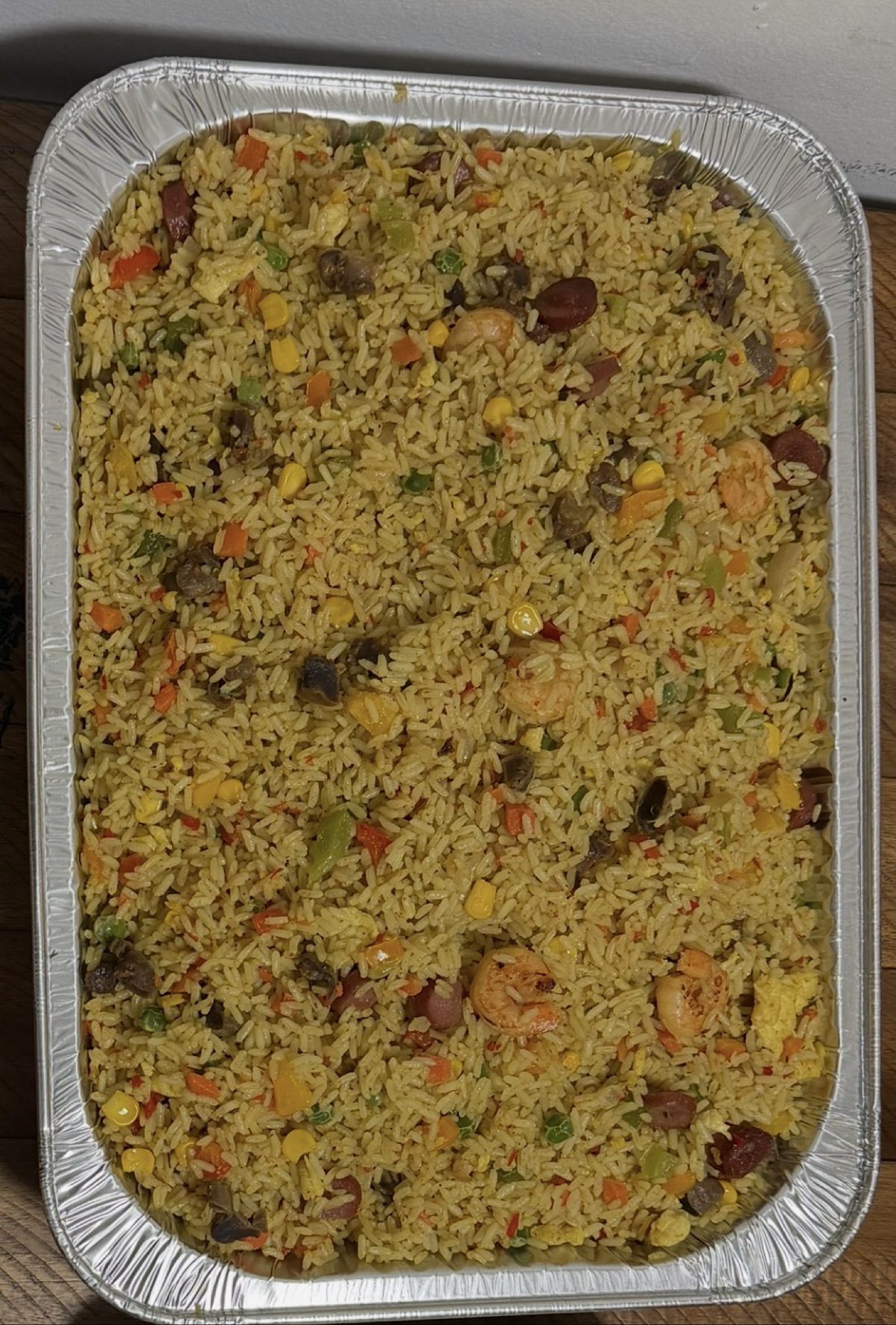 Special Fried Rice with gizzard, liver, shrimp, egg, bell peppers, and 10 pcs of Grilled Chicken or Turkey, Medium Tray, photo 2