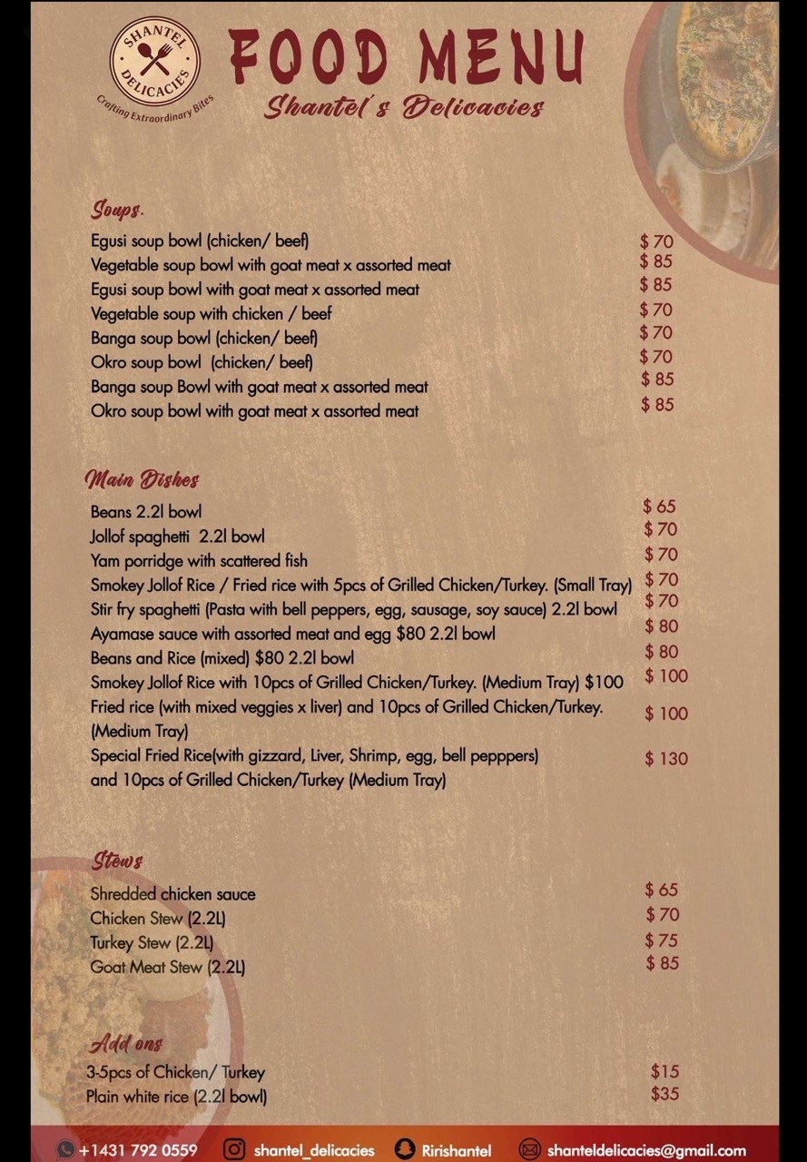 Shantel's Delicacies food menu with soups, main dishes, stews, and add-ons