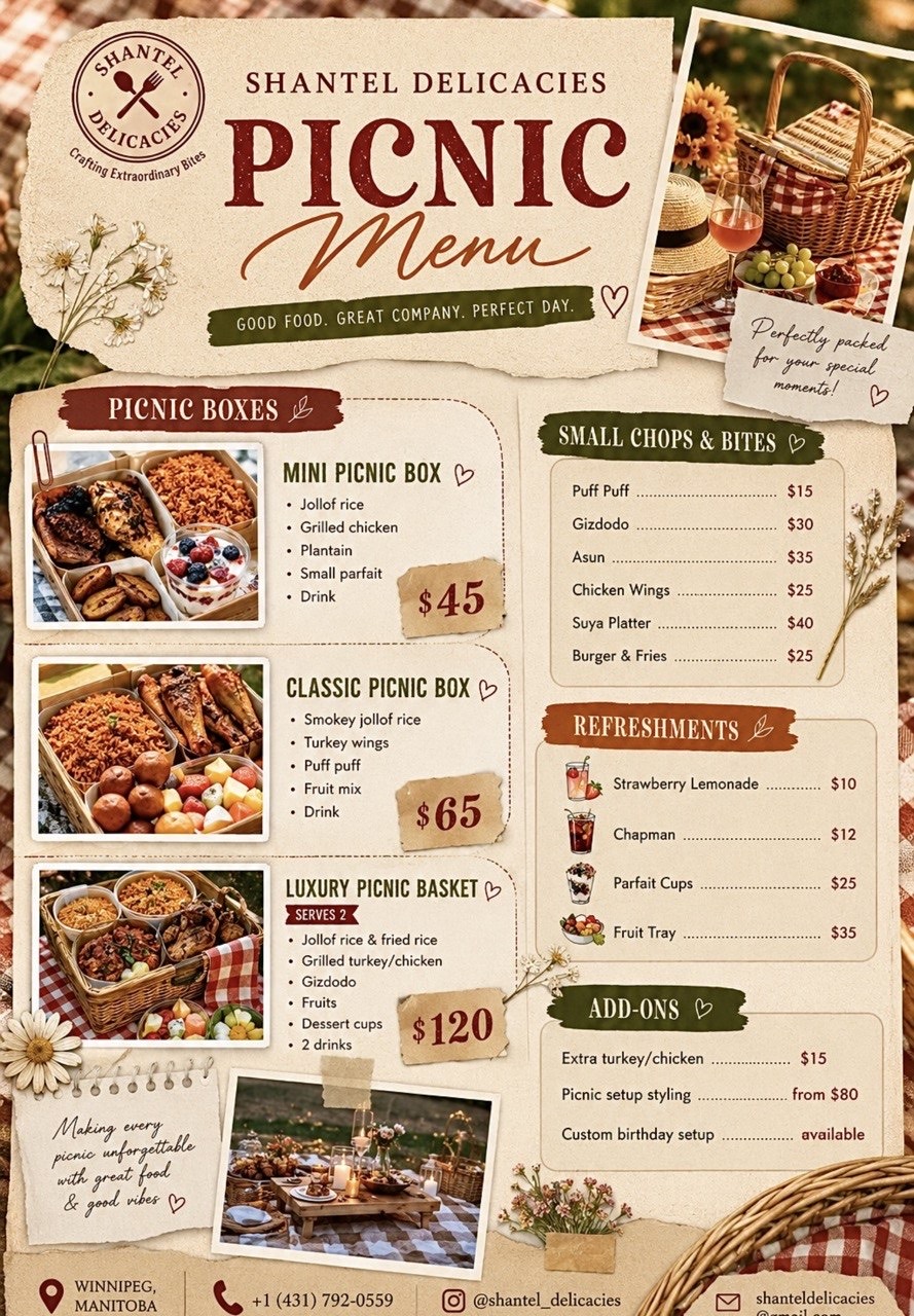 Shantel's Delicacies picnic menu with picnic boxes, small bites, refreshments, and add-ons