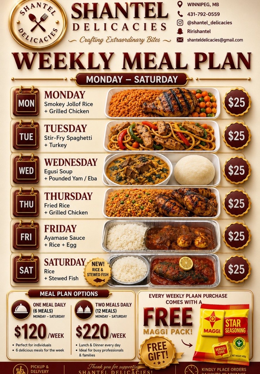 Shantel's Delicacies weekly meal plan for Monday through Saturday